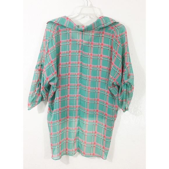 Poema Sheer Plaid High Low Hem Collar V-neck Top - Picture 8 of 8